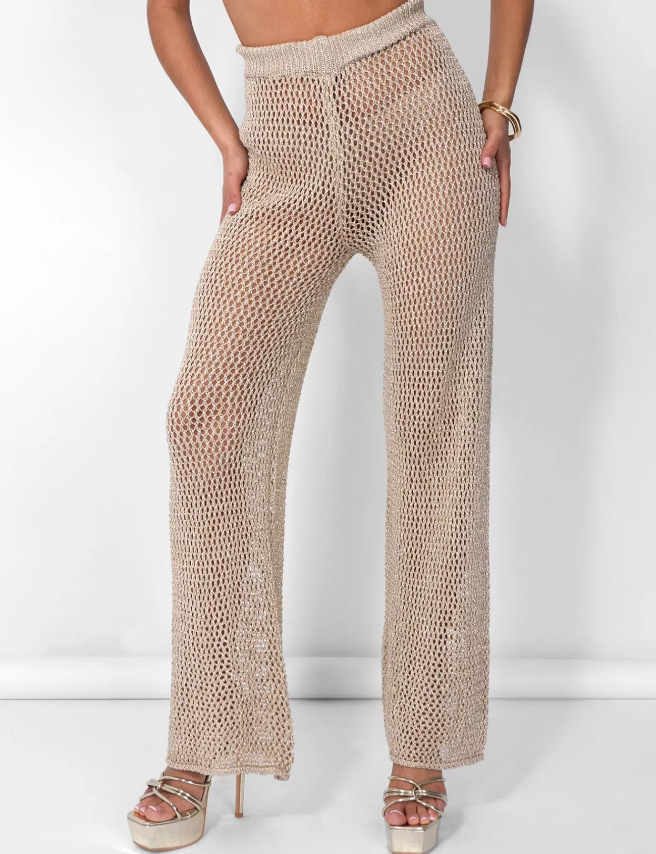 Public Desire Crochet Beach Trousers High Waisted Wide Leg Metallic Thread Gold Fashion