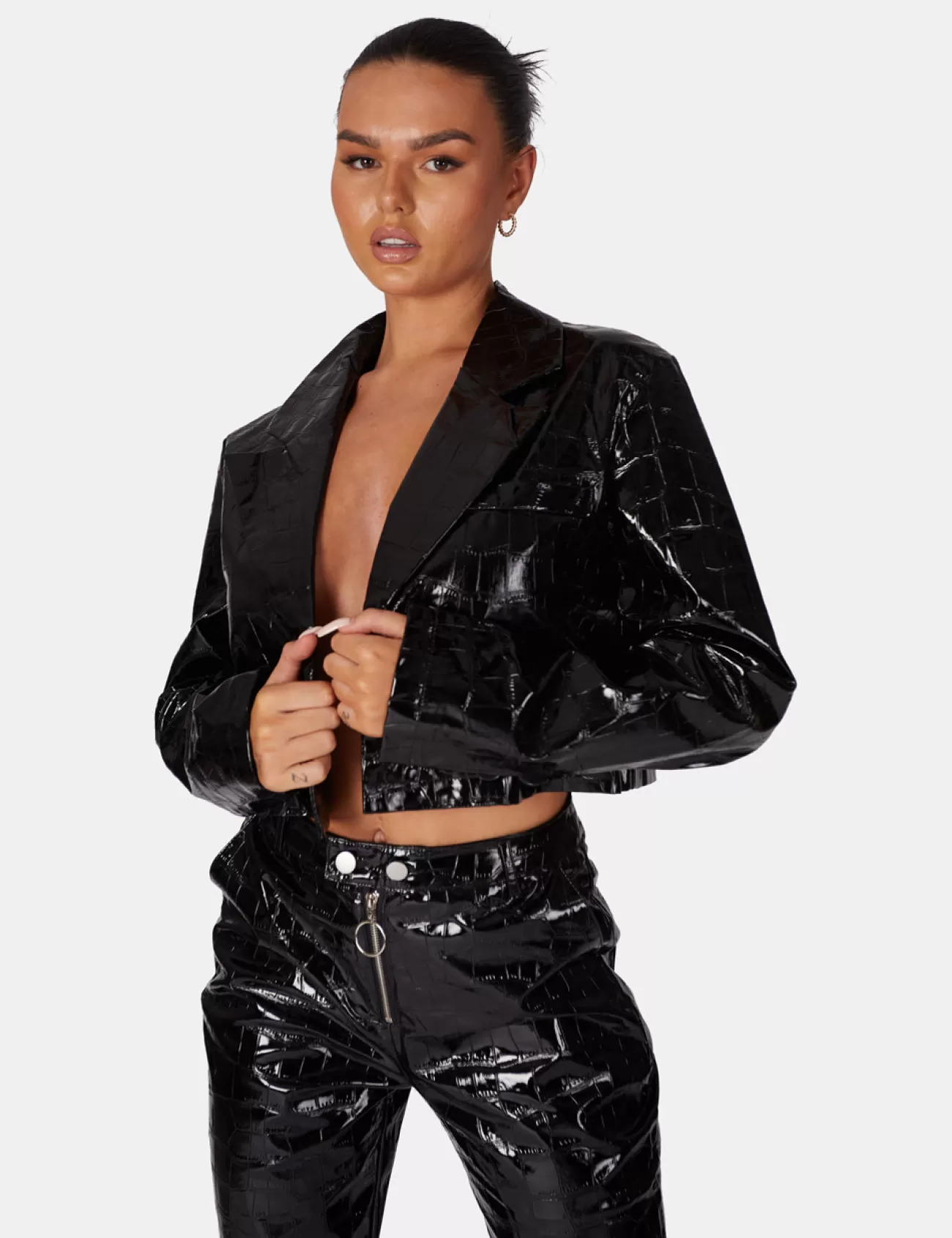 Public Desire Cropped Croc Vinyl Blazer Black Best