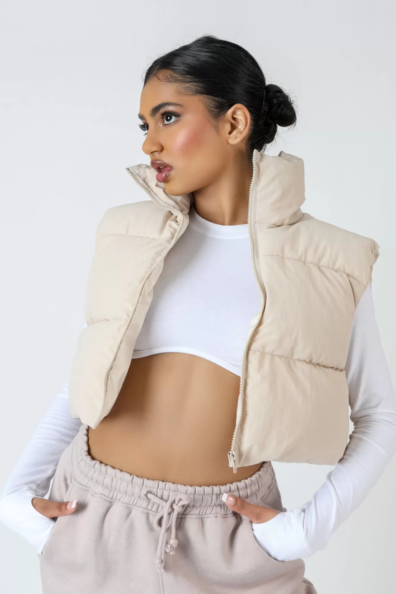 Public Desire Cropped Puffer Gilet Stone Beige Sale