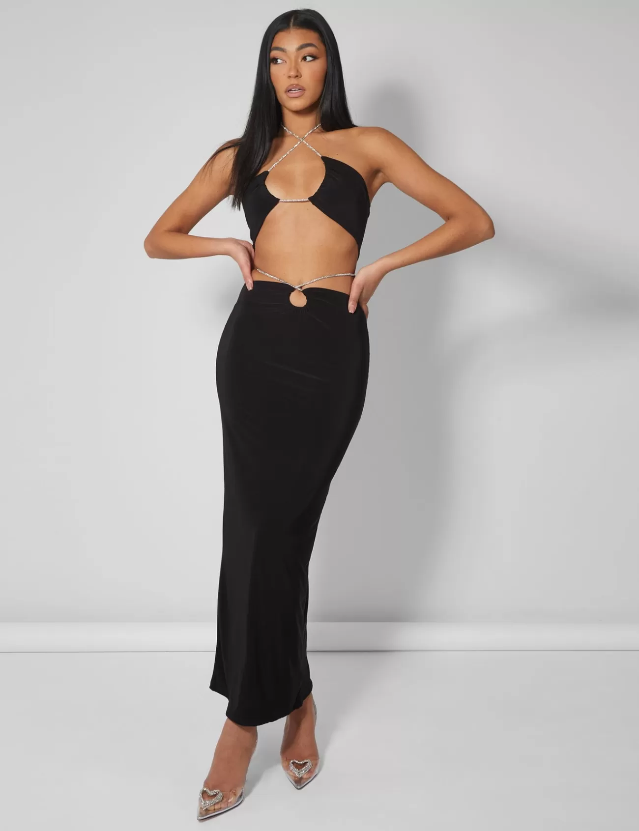 Public Desire Cross Front Diamante Rope Midaxi Skirt Black Online