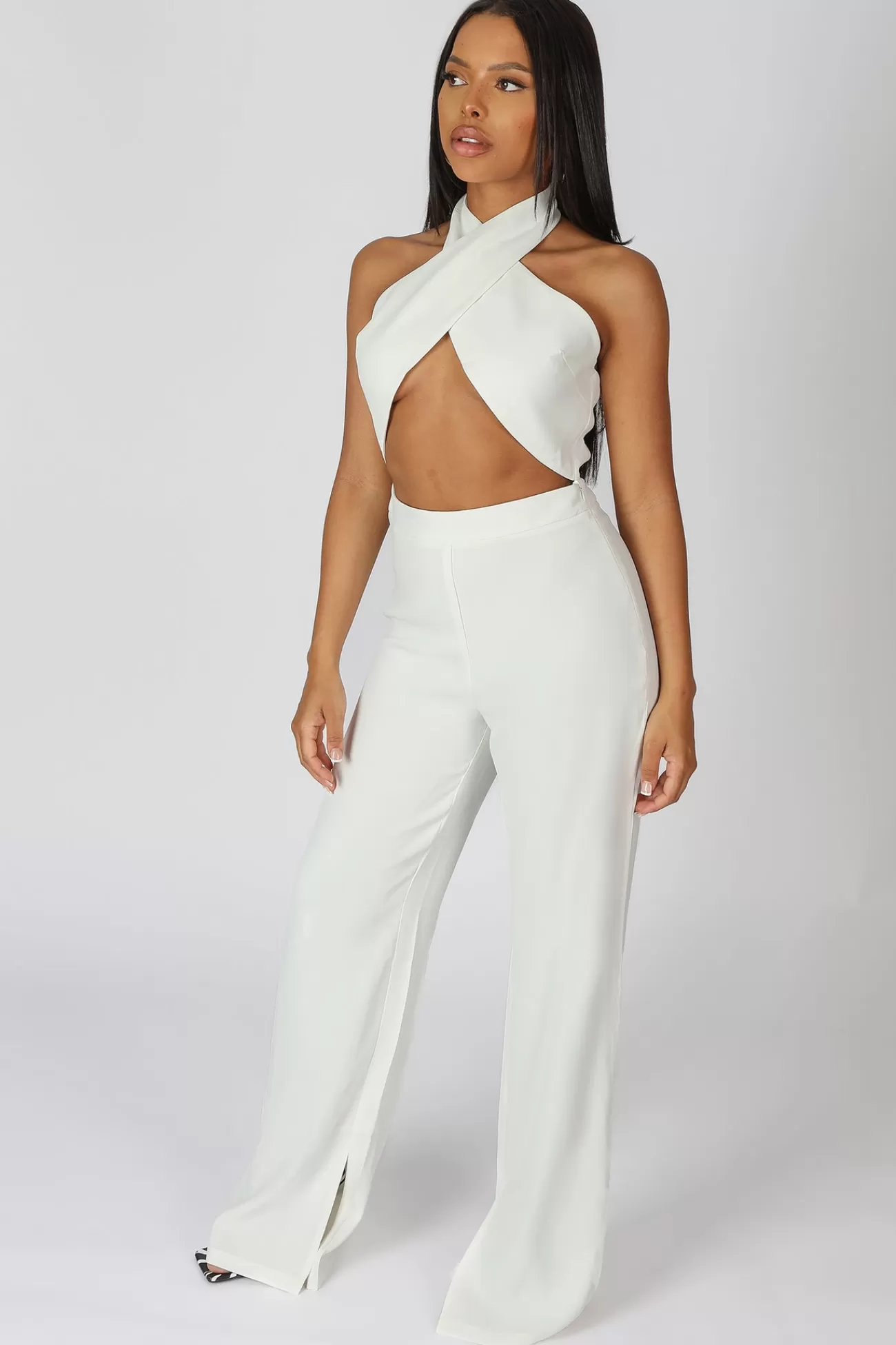 Public Desire Cross Front Halter Wide Leg Jumpsuit White Flash Sale