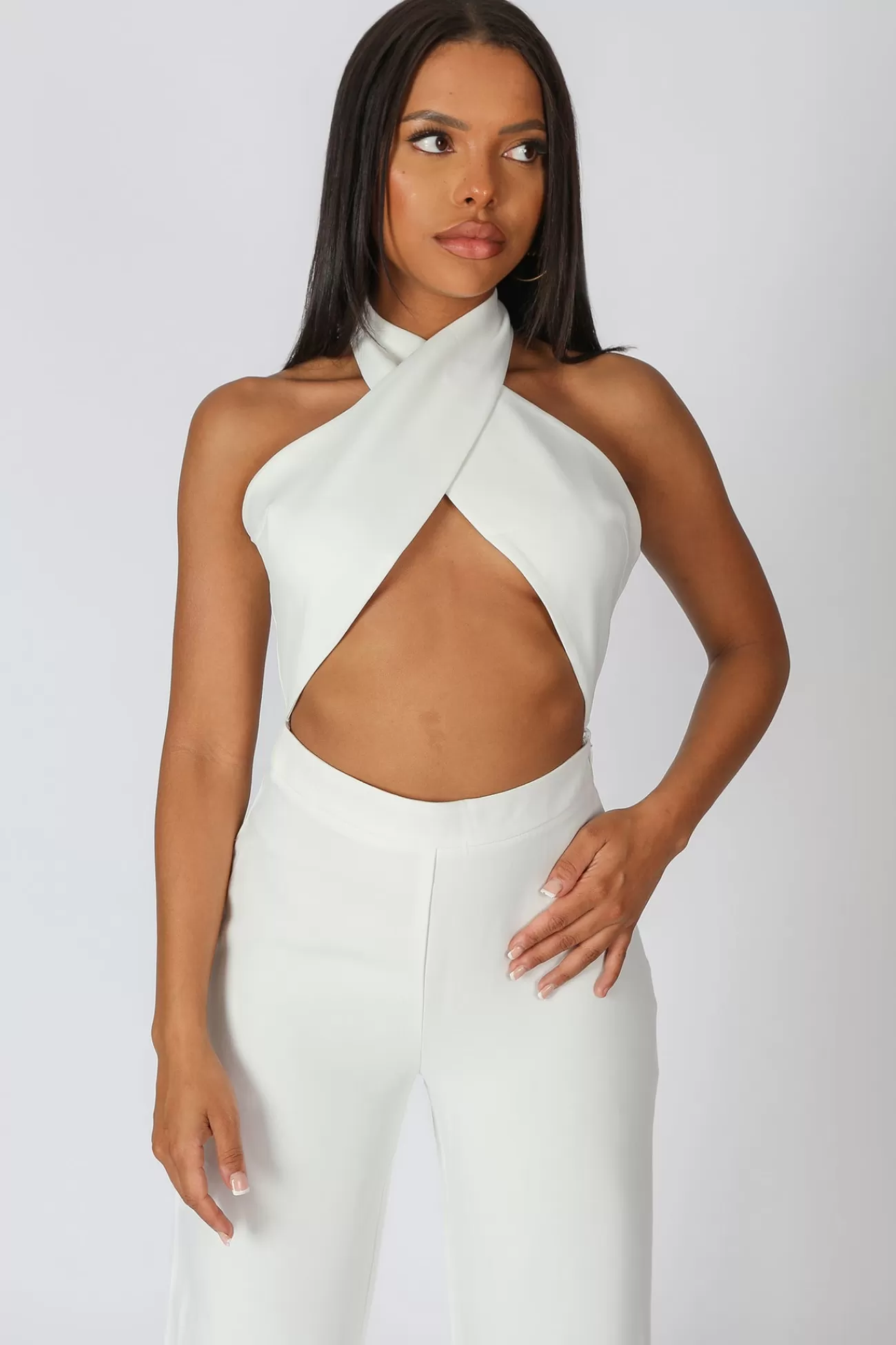 Public Desire Cross Front Halter Wide Leg Jumpsuit White Flash Sale