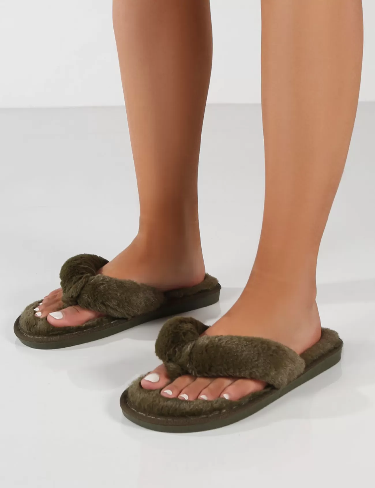 Public Desire Cuddle Thong Strap Faux Fur Slippers Khaki Green New