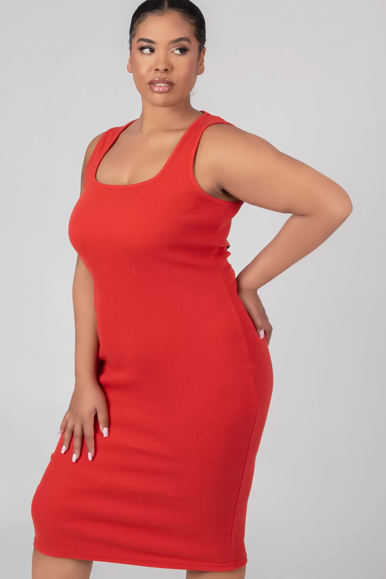Public Desire Curve Bodycon Scoop Neck Midi Dress Red Clearance