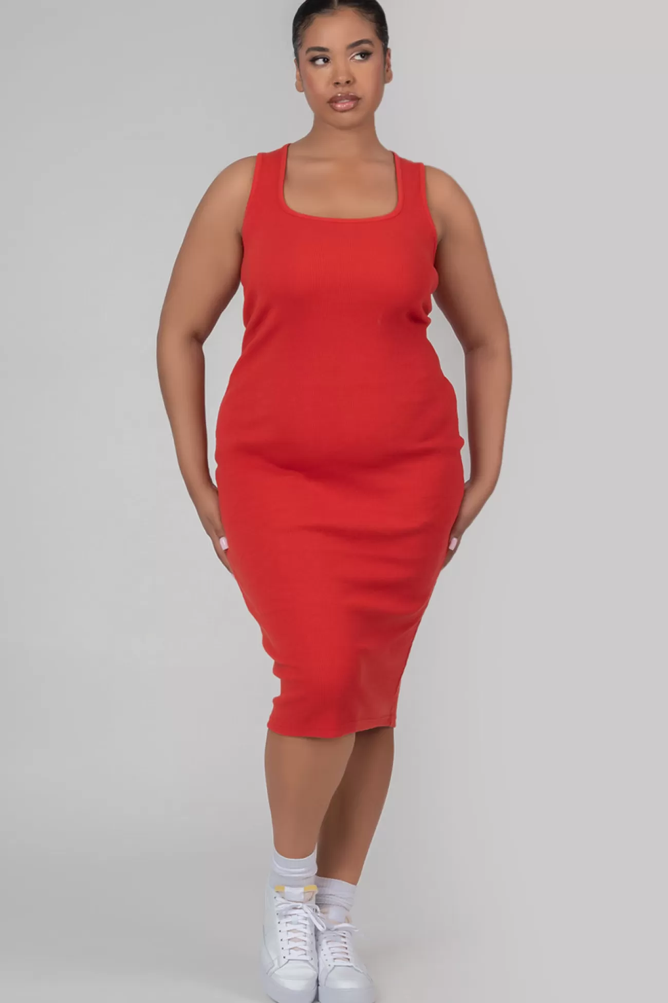 Public Desire Curve Bodycon Scoop Neck Midi Dress Red Clearance