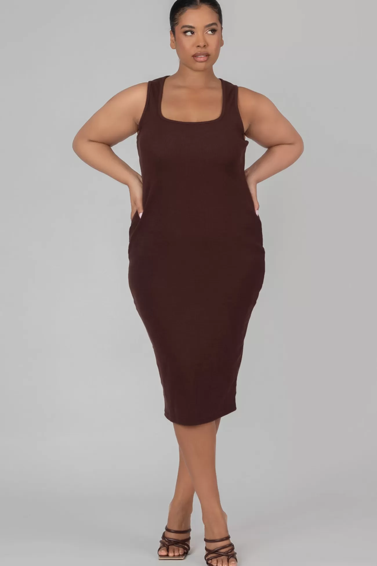 Public Desire Curve Bodycon Scoop Neck Midi Dress Chocolate Brown Flash Sale