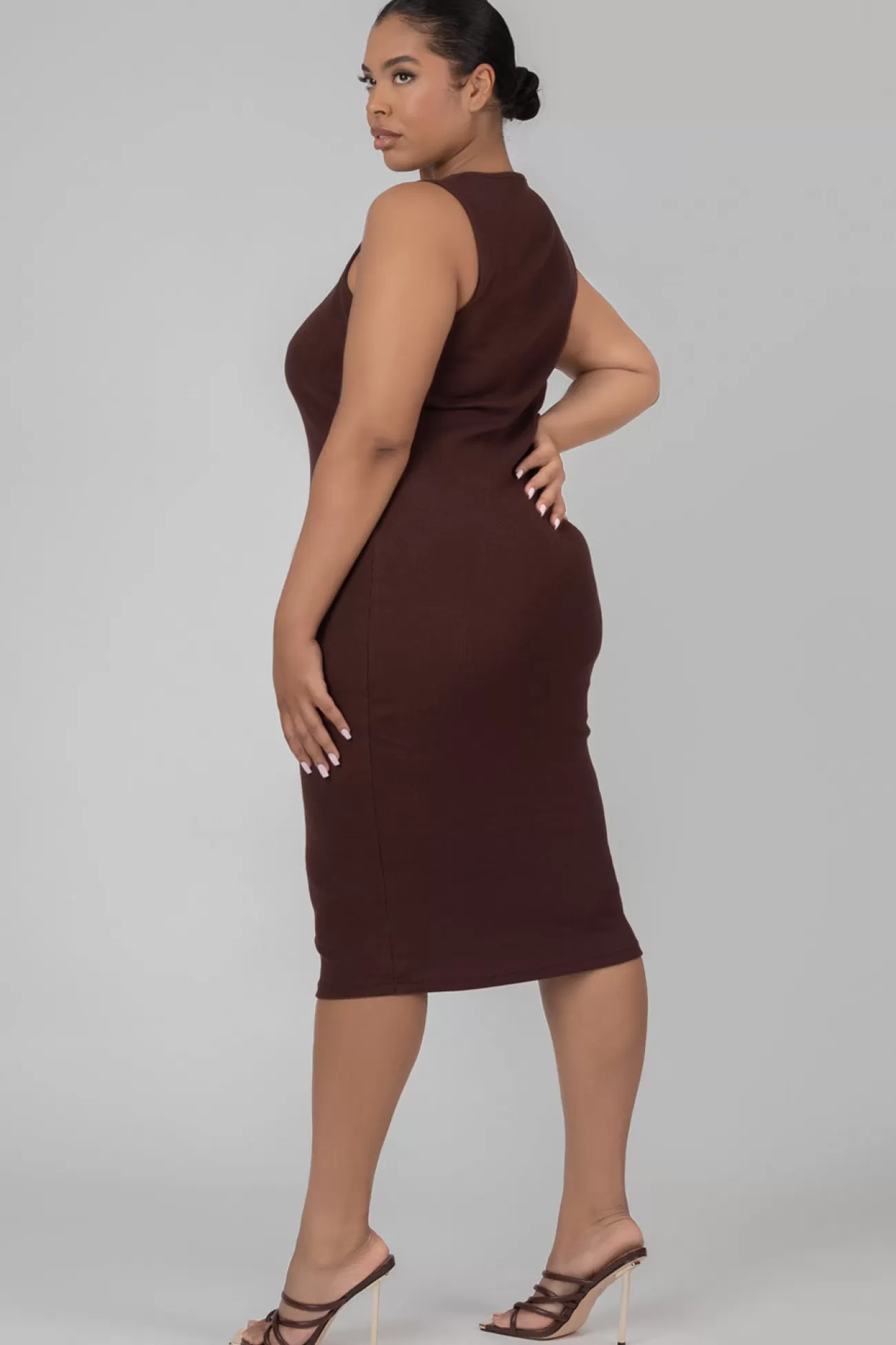 Public Desire Curve Bodycon Scoop Neck Midi Dress Chocolate Brown Flash Sale