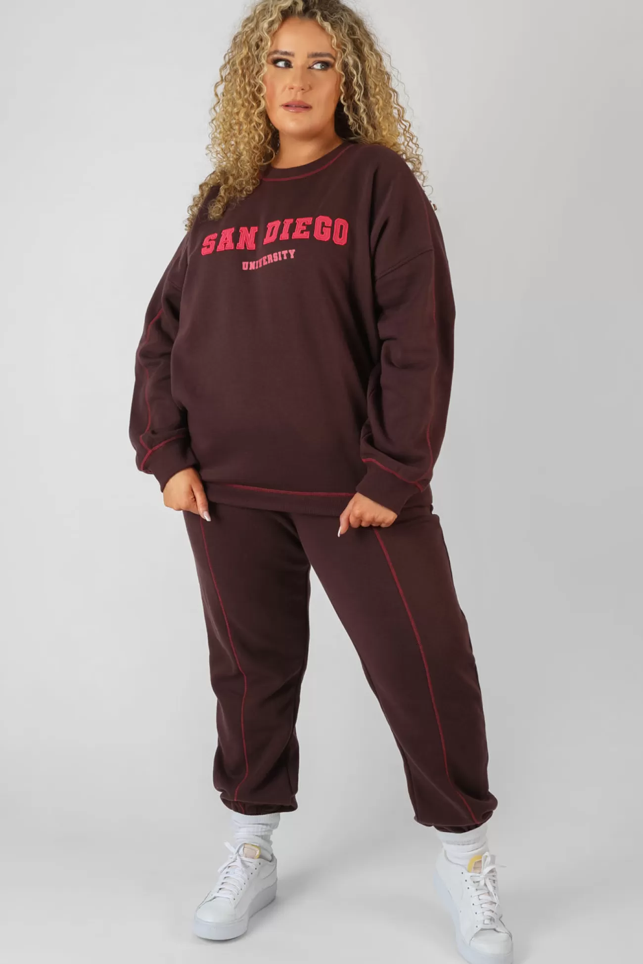 Public Desire Curve Contrast Stitch 90's Joggers Aubergine New