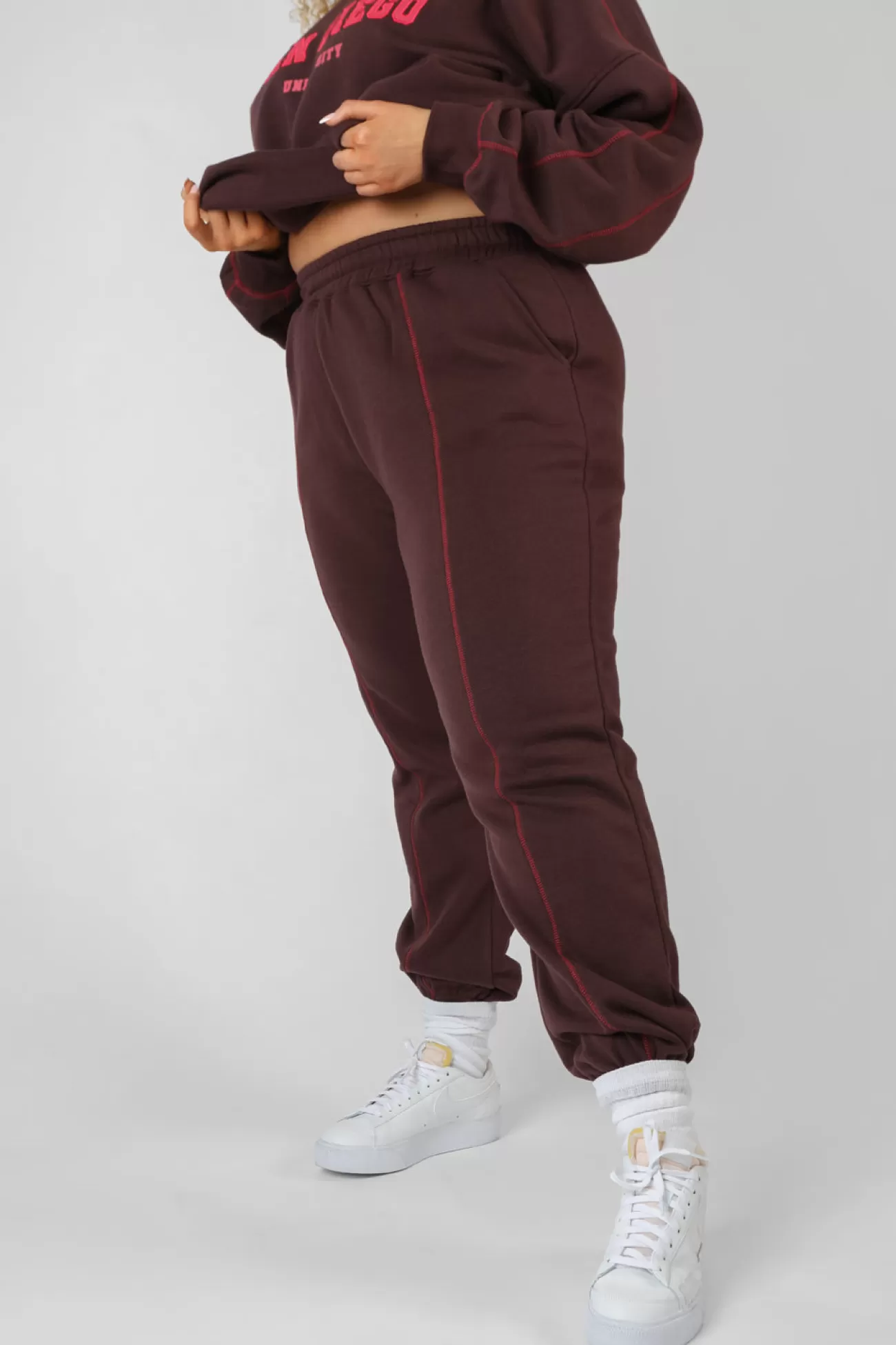 Public Desire Curve Contrast Stitch 90's Joggers Aubergine New