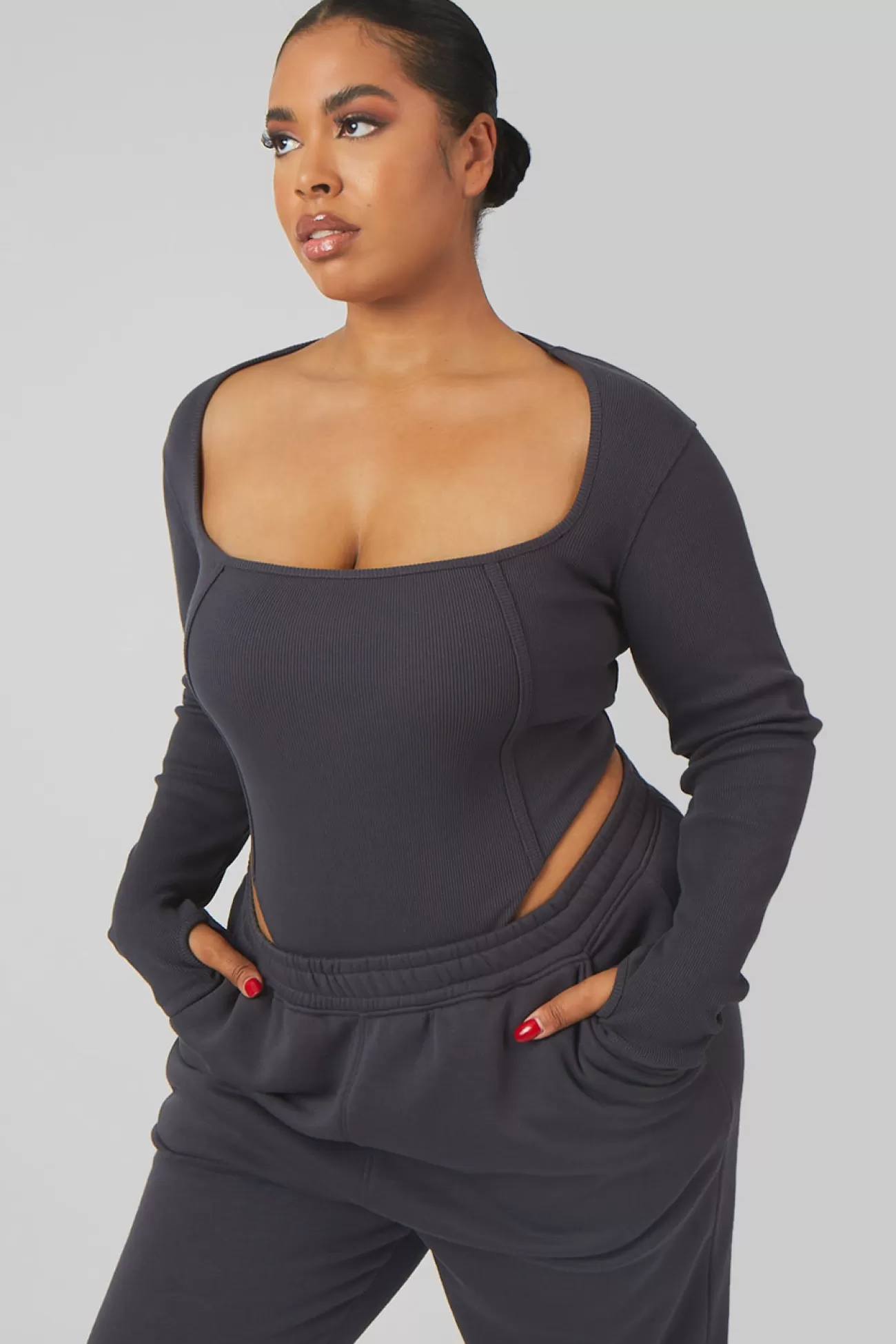 Public Desire Curve Extreme High Leg Bodysuit Dark Grey Discount
