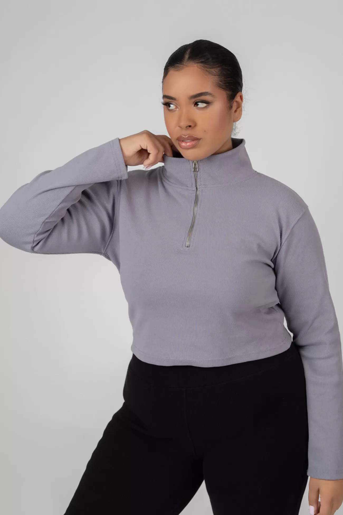 Public Desire Curve High Neck Half Zip Pullover Top Acid Wash Grey Flash Sale