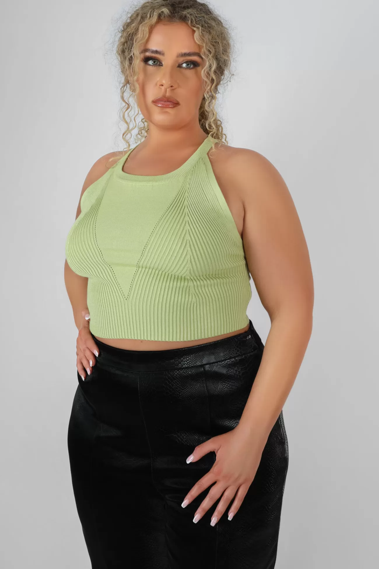 Public Desire Curve High Neck Knitted Racer Crop Top Lime Discount