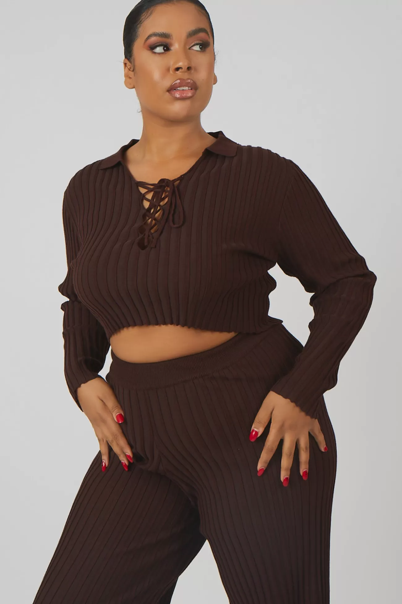 Public Desire Curve Lace Up Ribbed Knitted Crop Top Chocolate Flash Sale