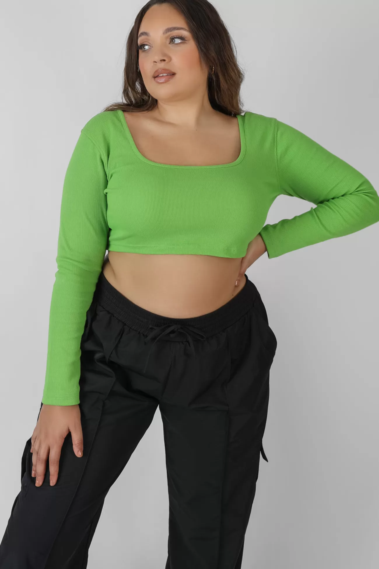 Public Desire Curve Long Sleeve Square Neck Crop Top Green Flash Sale