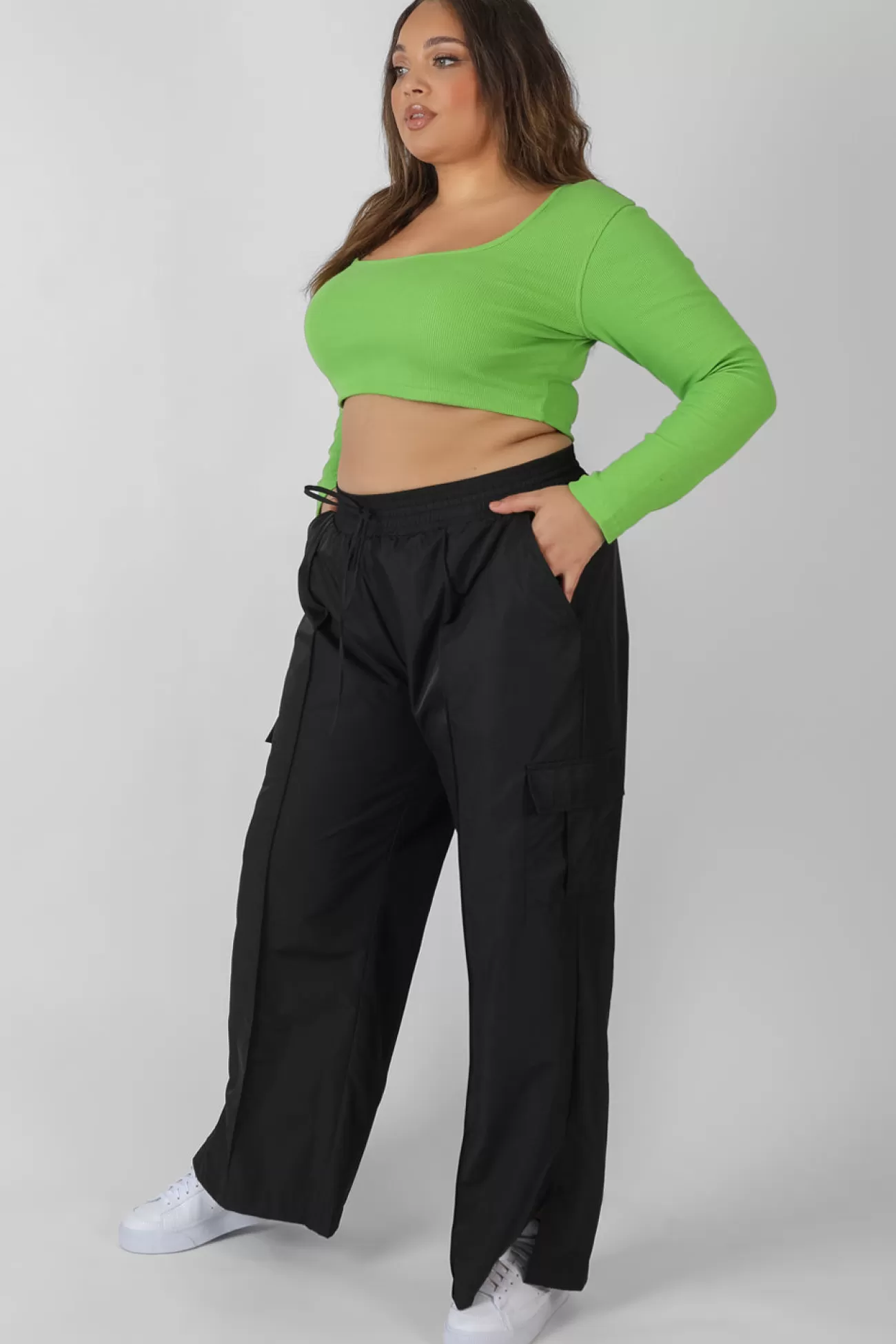 Public Desire Curve Long Sleeve Square Neck Crop Top Green Flash Sale