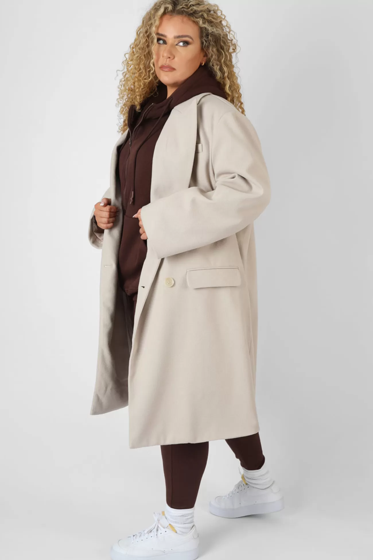 Public Desire Curve Longline Oversized Wool Coat Stone Beige Best Sale