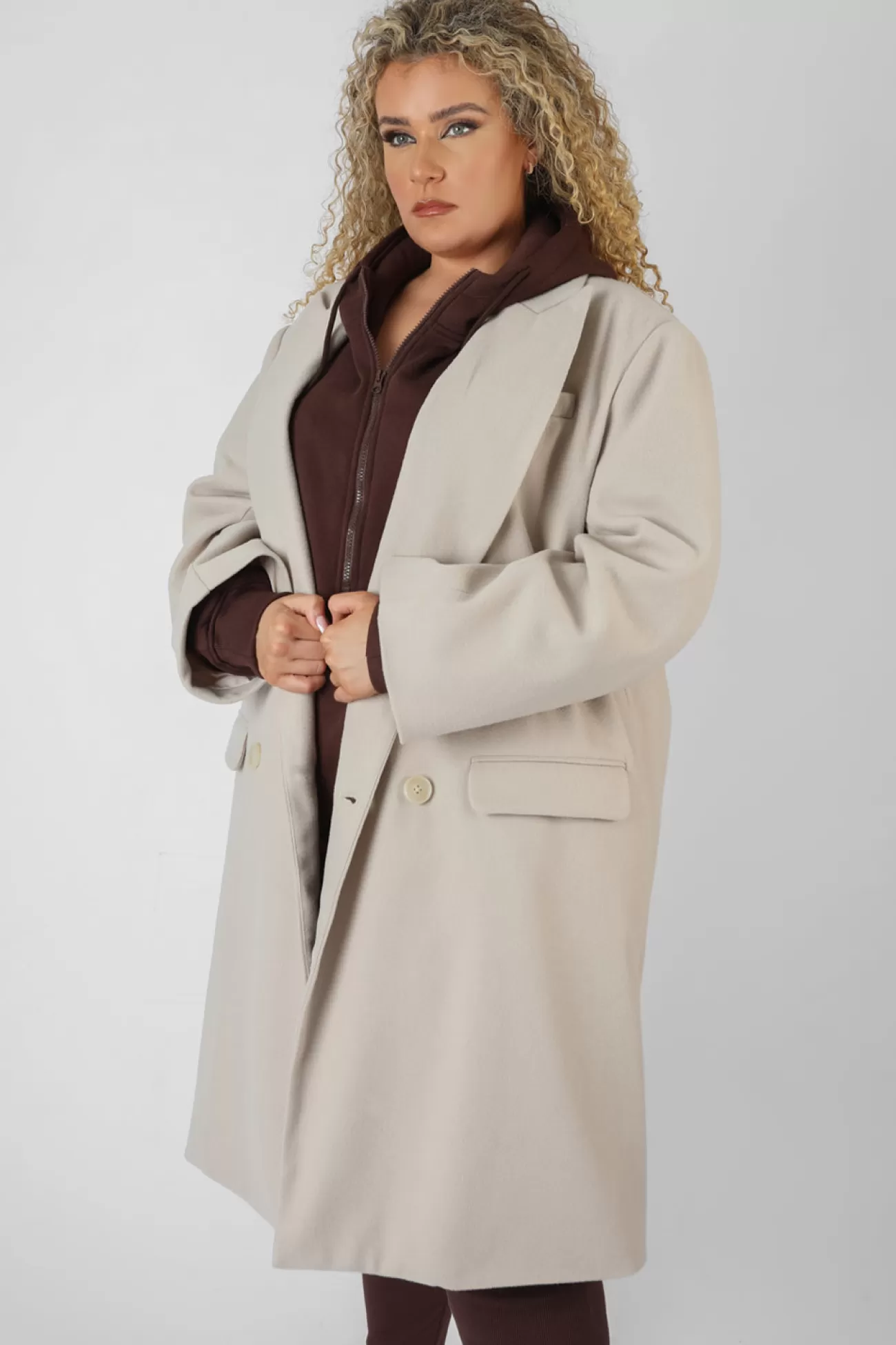 Public Desire Curve Longline Oversized Wool Coat Stone Beige Best Sale