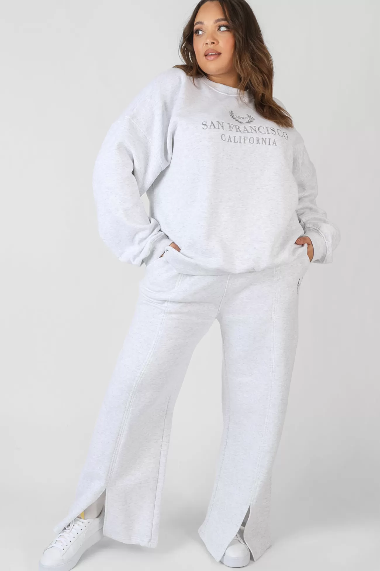 Public Desire Curve Oversized Embroidered Split Front Joggers Oatmeal Marl Best Sale
