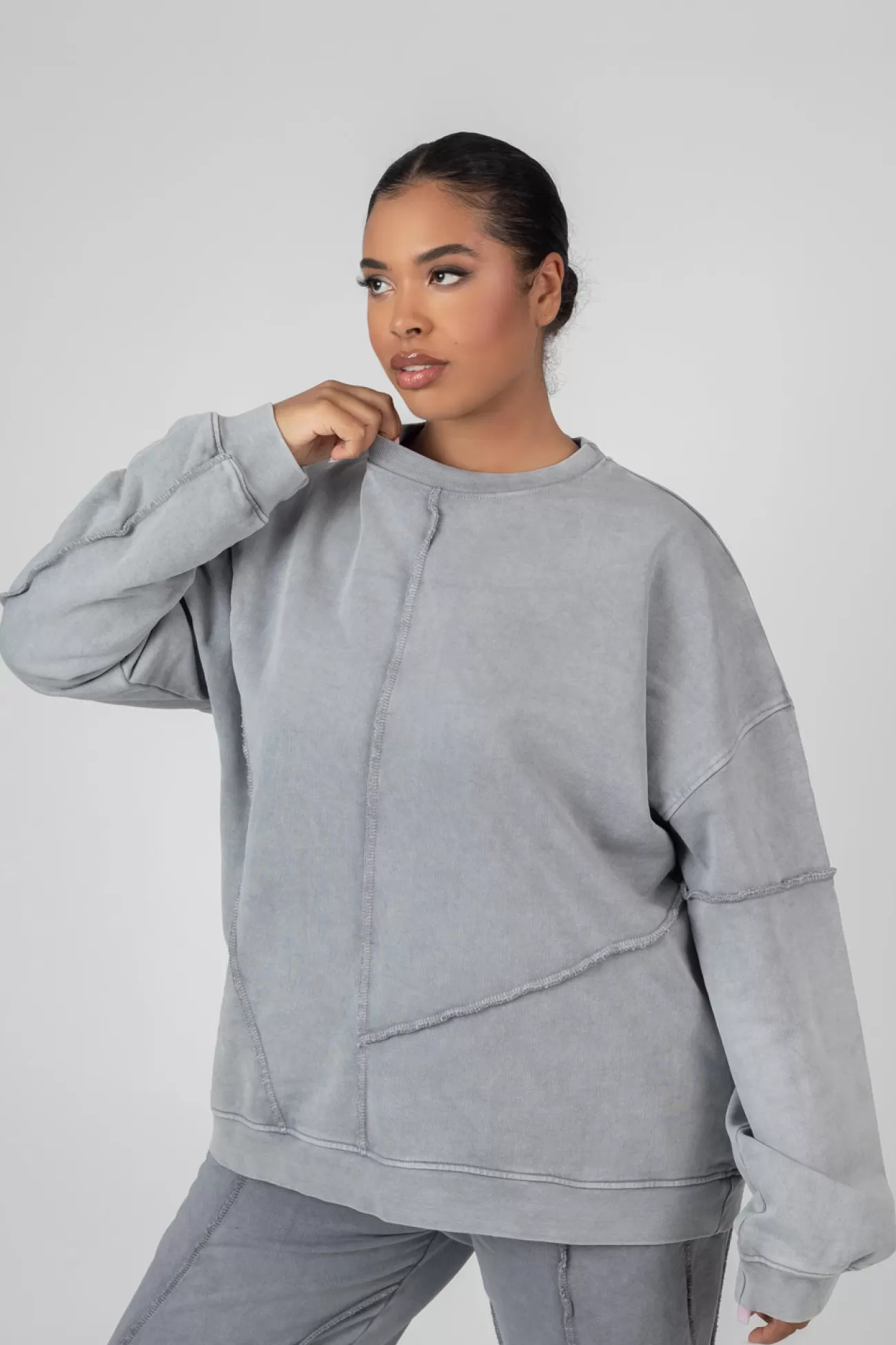 Public Desire Curve Oversized Raw Edge Sweatshirt Acid Wash Clearance