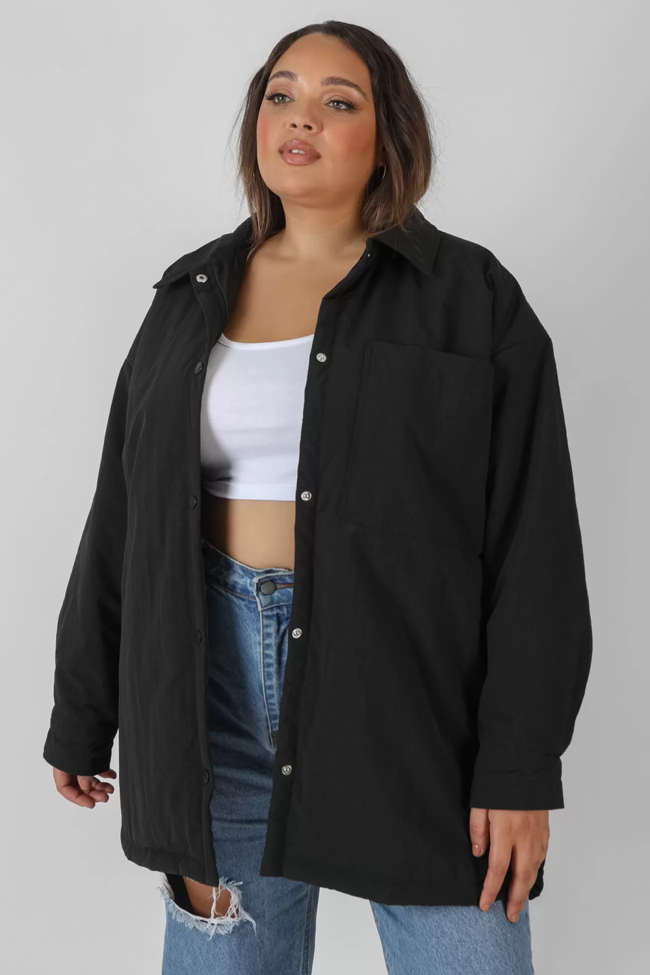 Public Desire Curve Padded Oversized Shacket Black Flash Sale