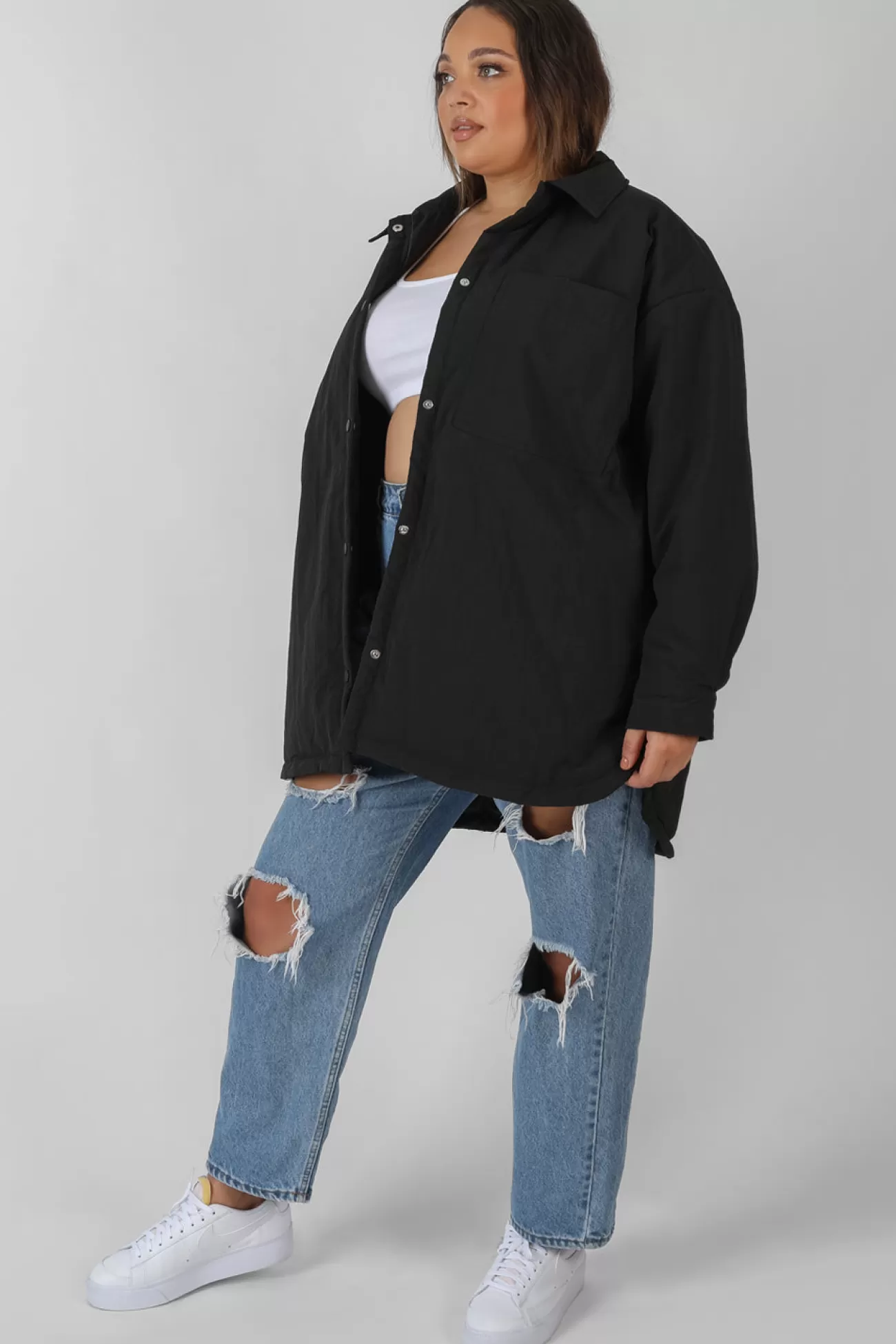 Public Desire Curve Padded Oversized Shacket Black Flash Sale