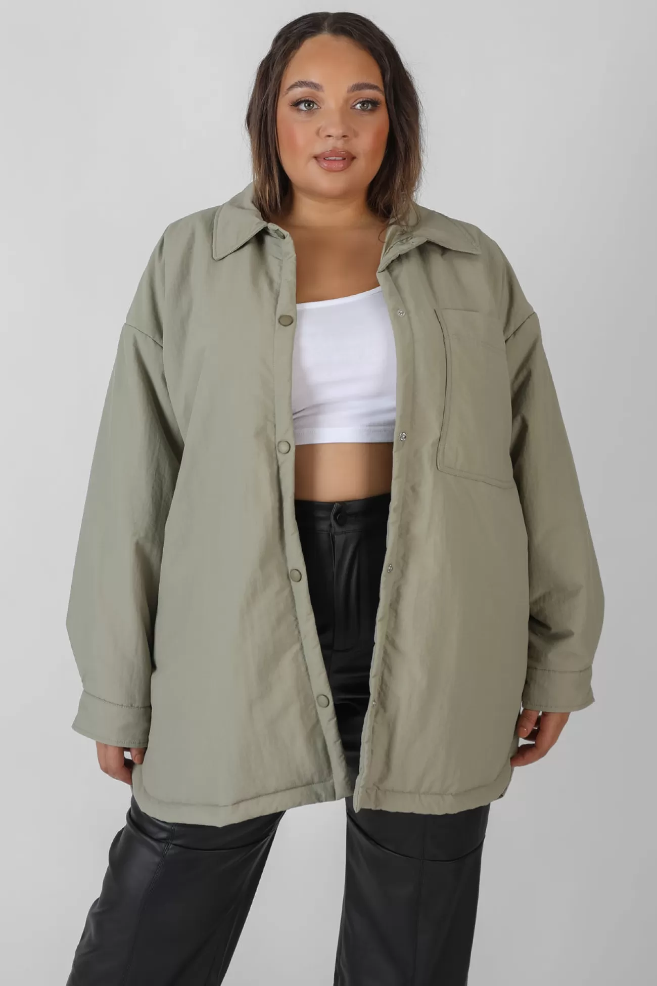 Public Desire Curve Padded Oversized Shacket Elm Khaki Cheap