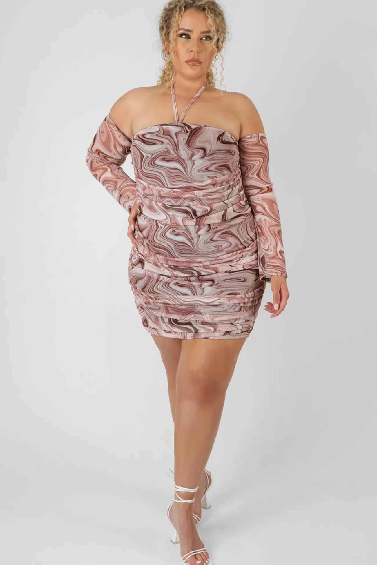 Public Desire Curve Printed Mesh Ruched Bardot Dress Brown Best Sale