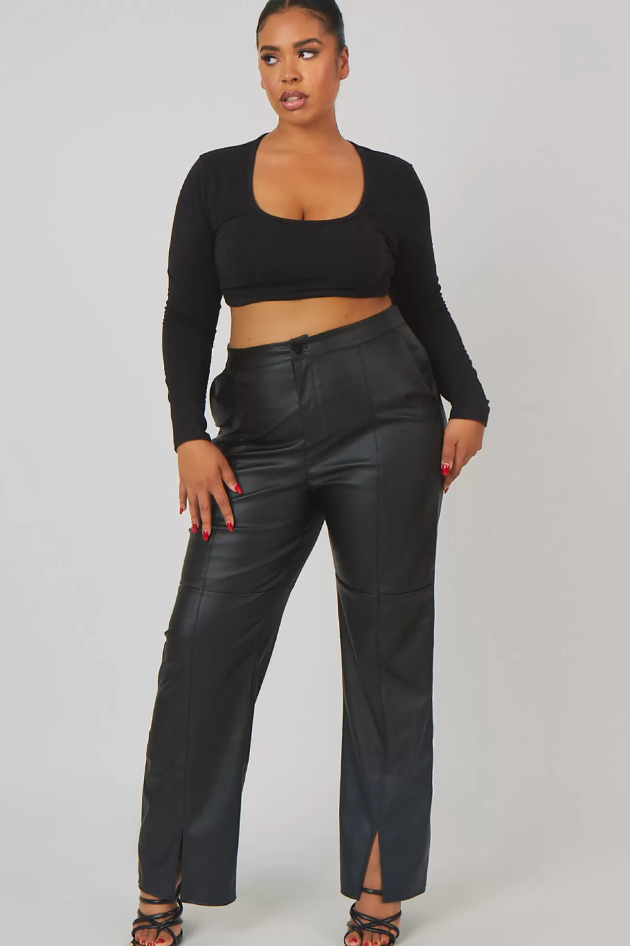 Public Desire Curve Pu Seam Front Split Detail Trousers Black Flash Sale