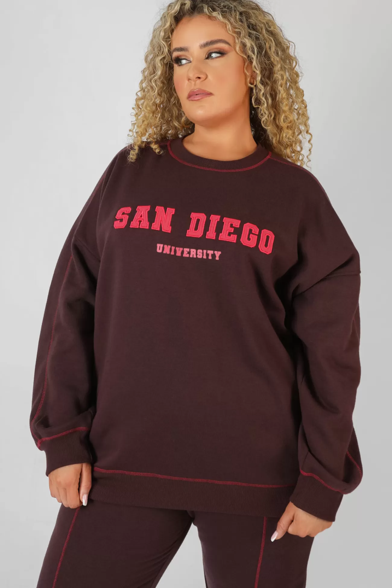 Public Desire Curve San Diego Contrast Stitch Sweatshirt Aubergine Discount