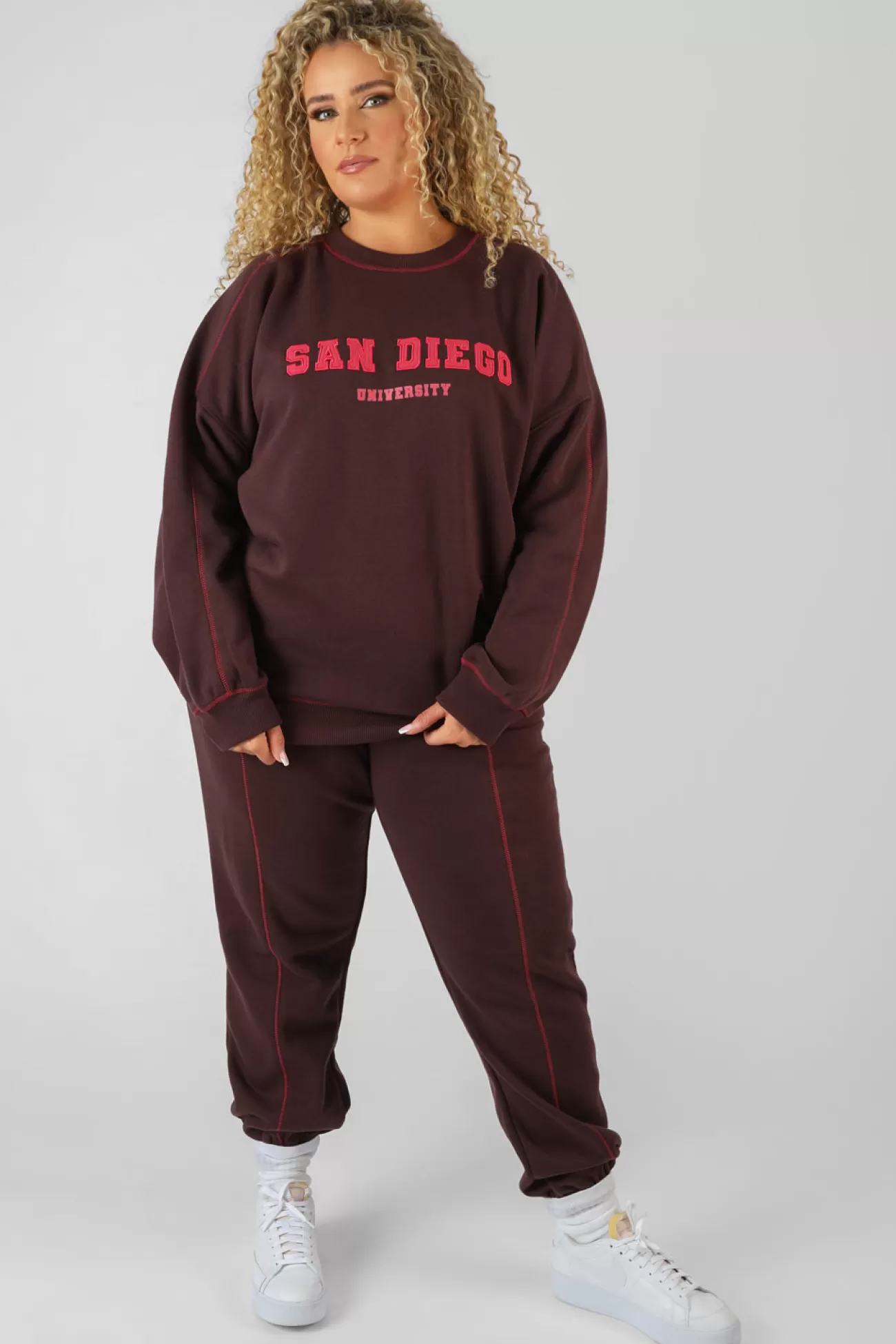 Public Desire Curve San Diego Contrast Stitch Sweatshirt Aubergine Discount