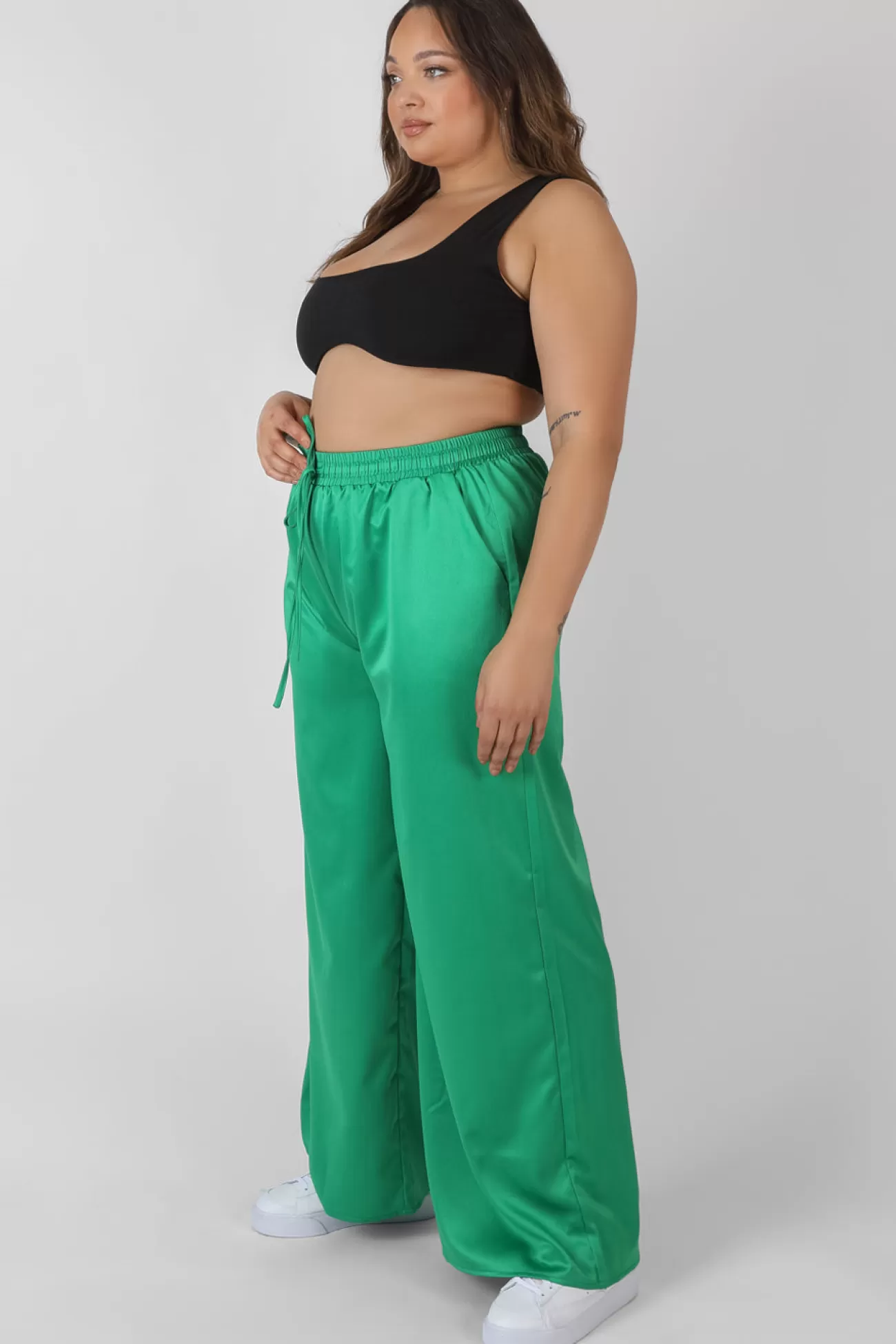 Public Desire Curve Satin Wide Leg Trousers Green Sale