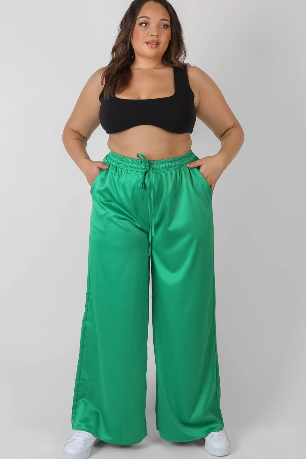 Public Desire Curve Satin Wide Leg Trousers Green Sale