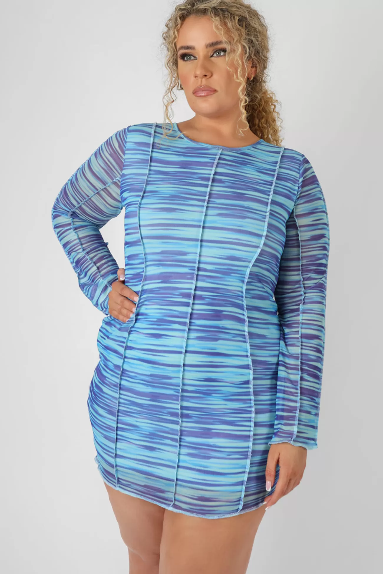 Public Desire Curve Space Dye Print Mesh Dress Blue Cheap