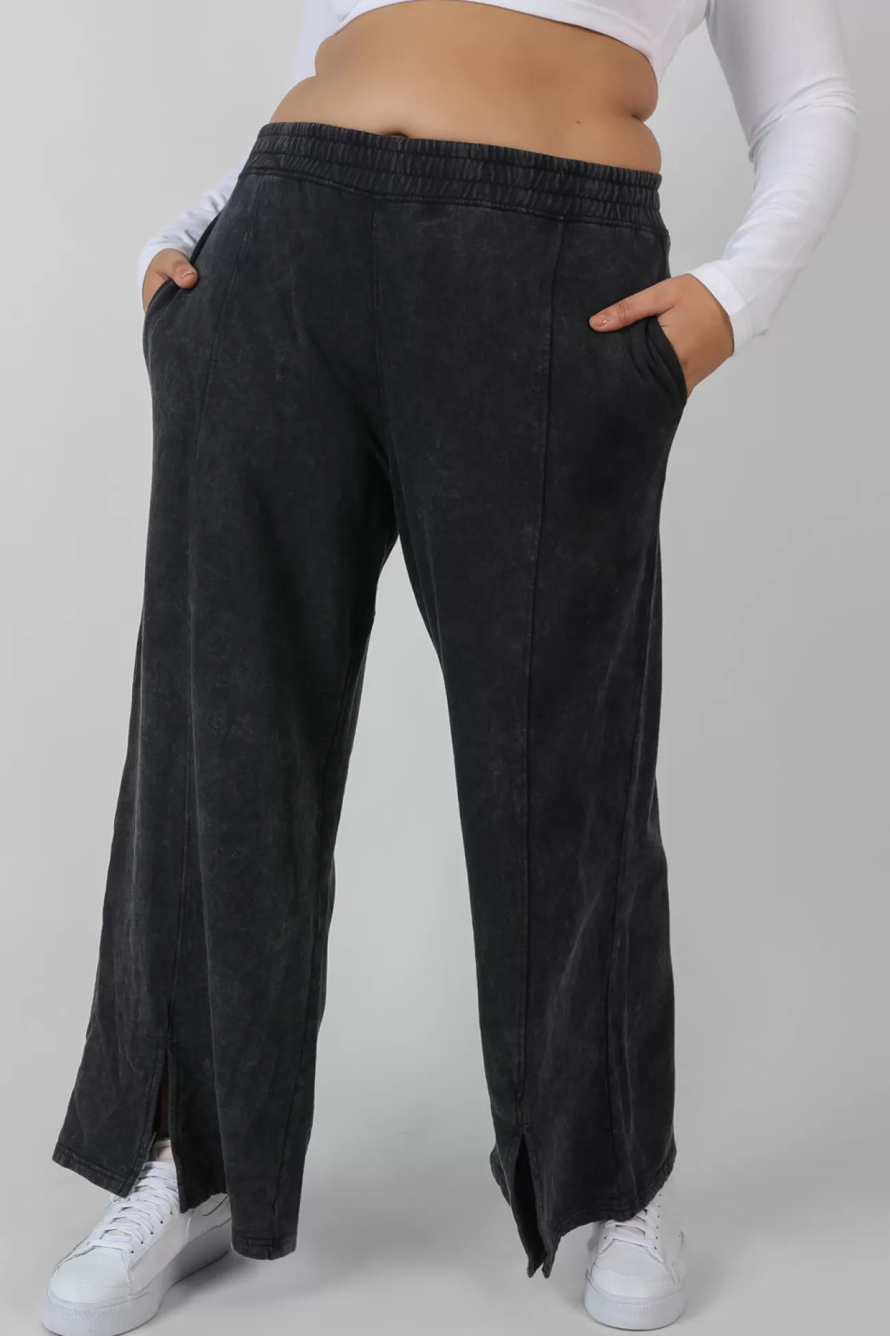 Public Desire Curve Split Front Seam Detail Wide Leg Joggers Acid Wash Black Outlet