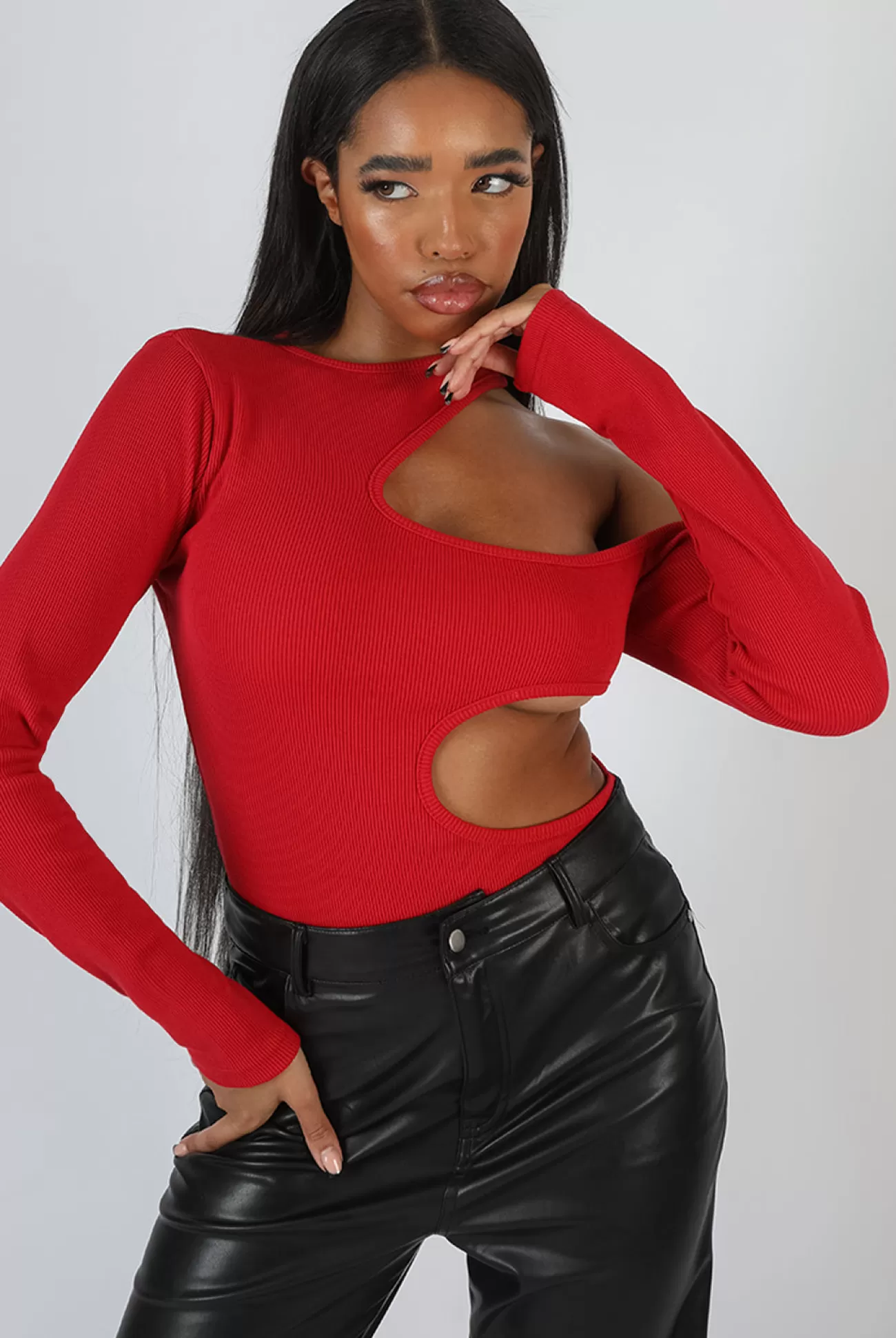 Public Desire Cut Out Detail Ribbed Bodysuit Red Shop