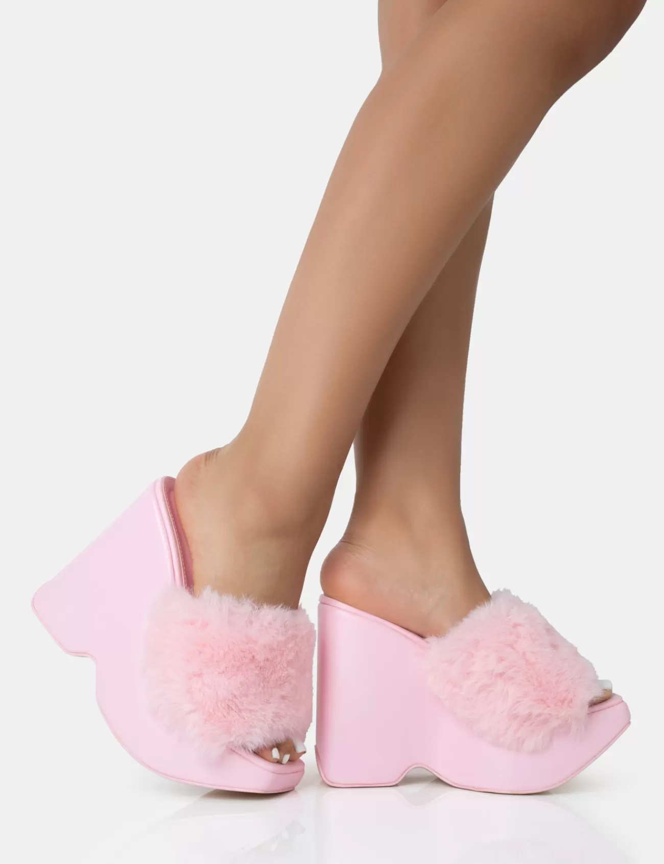 Public Desire Cutie Faux Fur Platform Wedge Heels Pink Shop