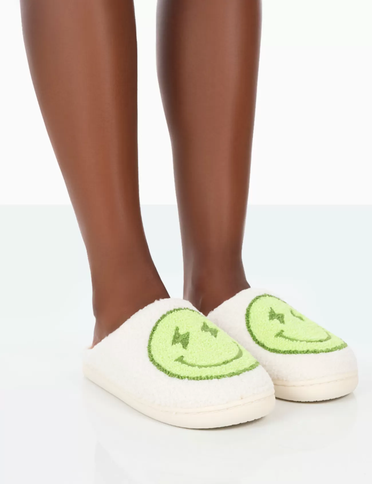 Public Desire Daze Printed Smiley Face Slippers Lime Discount