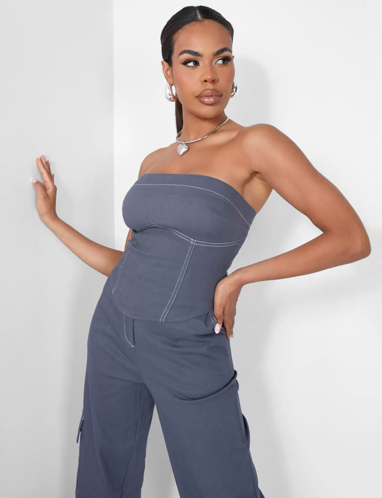 Public Desire Denim Contrast Stitch Bandeau Top Grey Cheap
