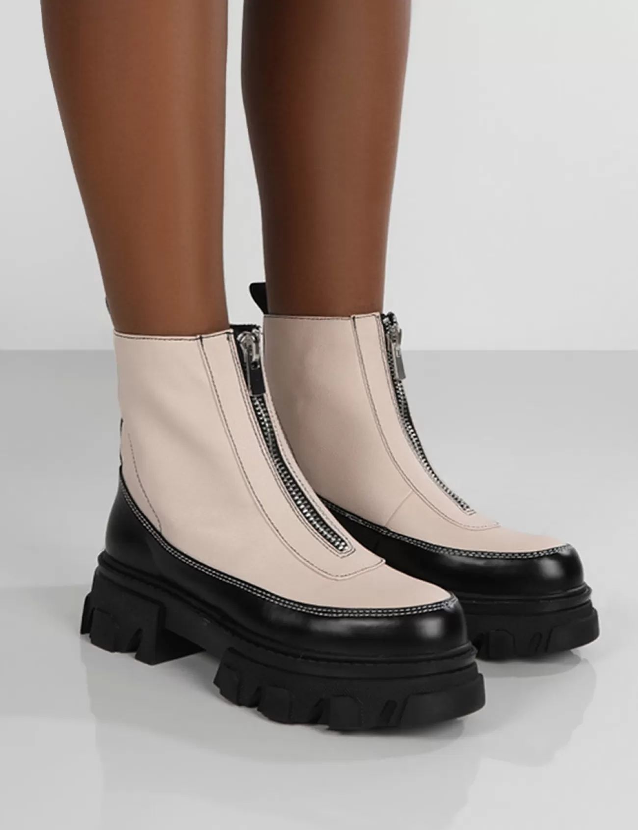 Public Desire Direction Bone Pu Zip Front Platform Chunky Sole Ankle Boot White Flash Sale