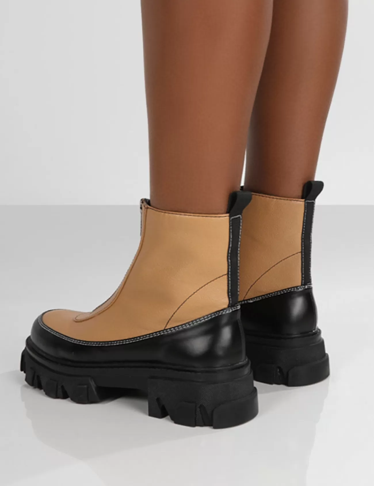 Public Desire Direction Tan Pu Zip Front Platform Chunky Sole Ankle Boot Brown Online