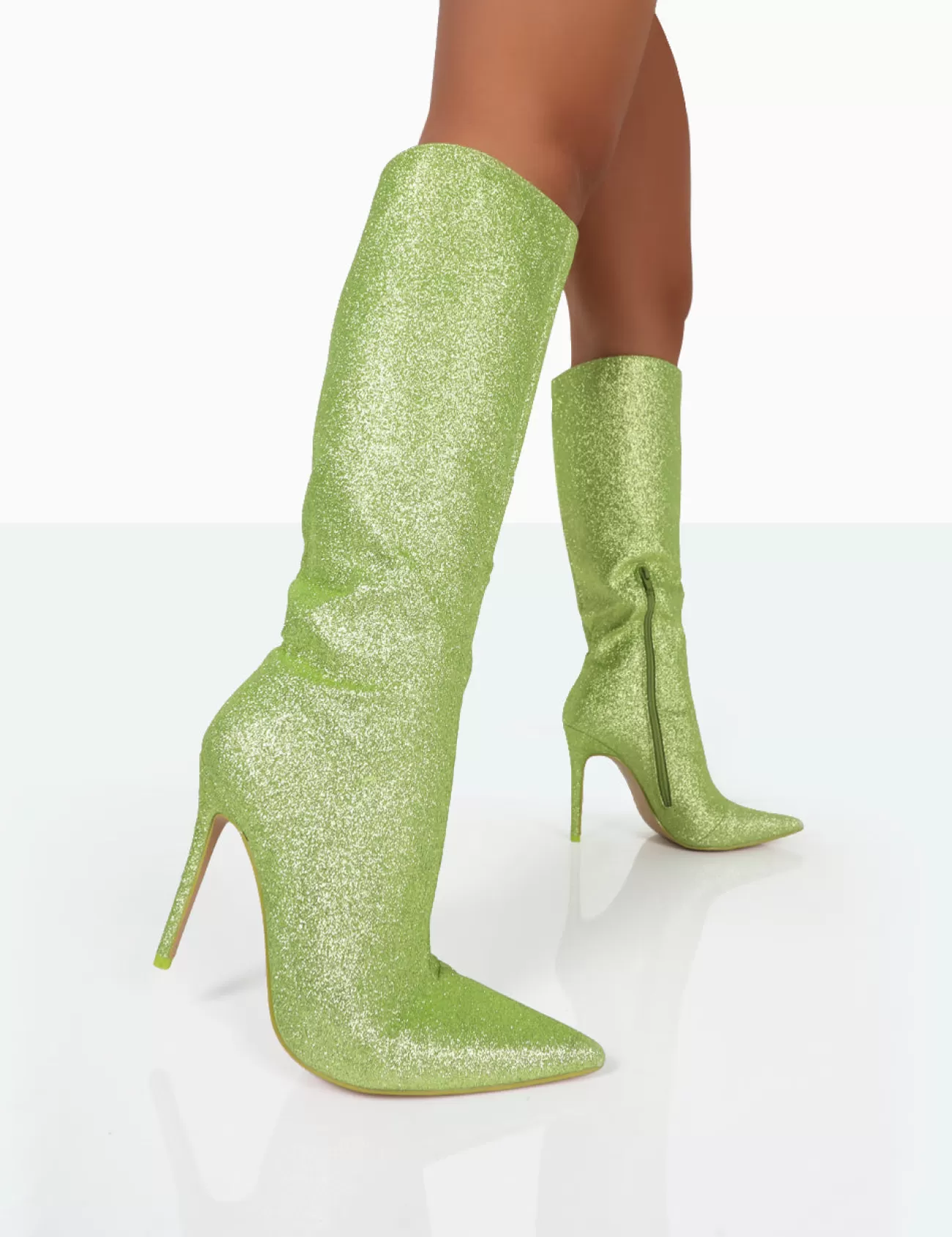 Public Desire Diva Glitter Pointed Toe Stiletto Knee High Boots Lime Sale