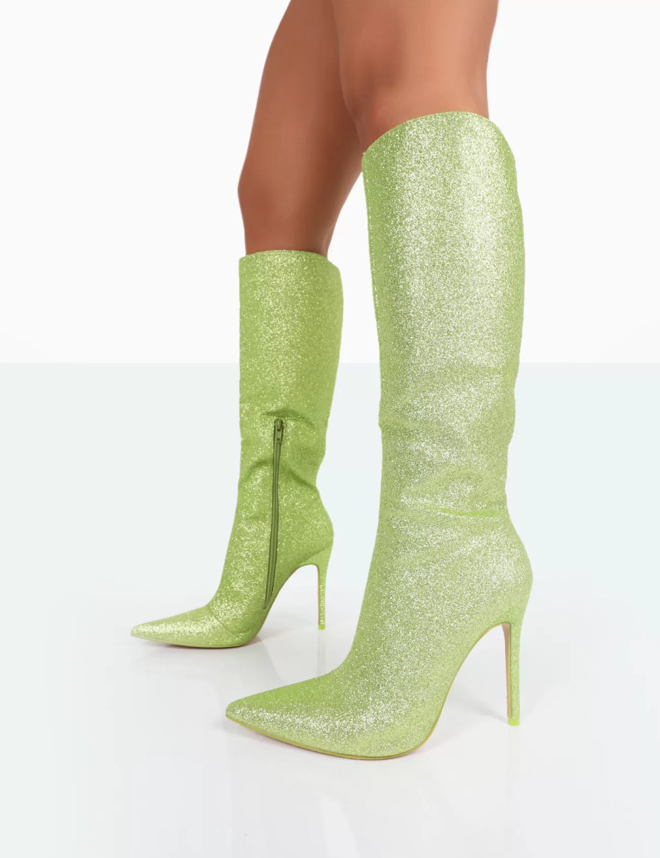 Public Desire Diva Glitter Pointed Toe Stiletto Knee High Boots Lime Sale