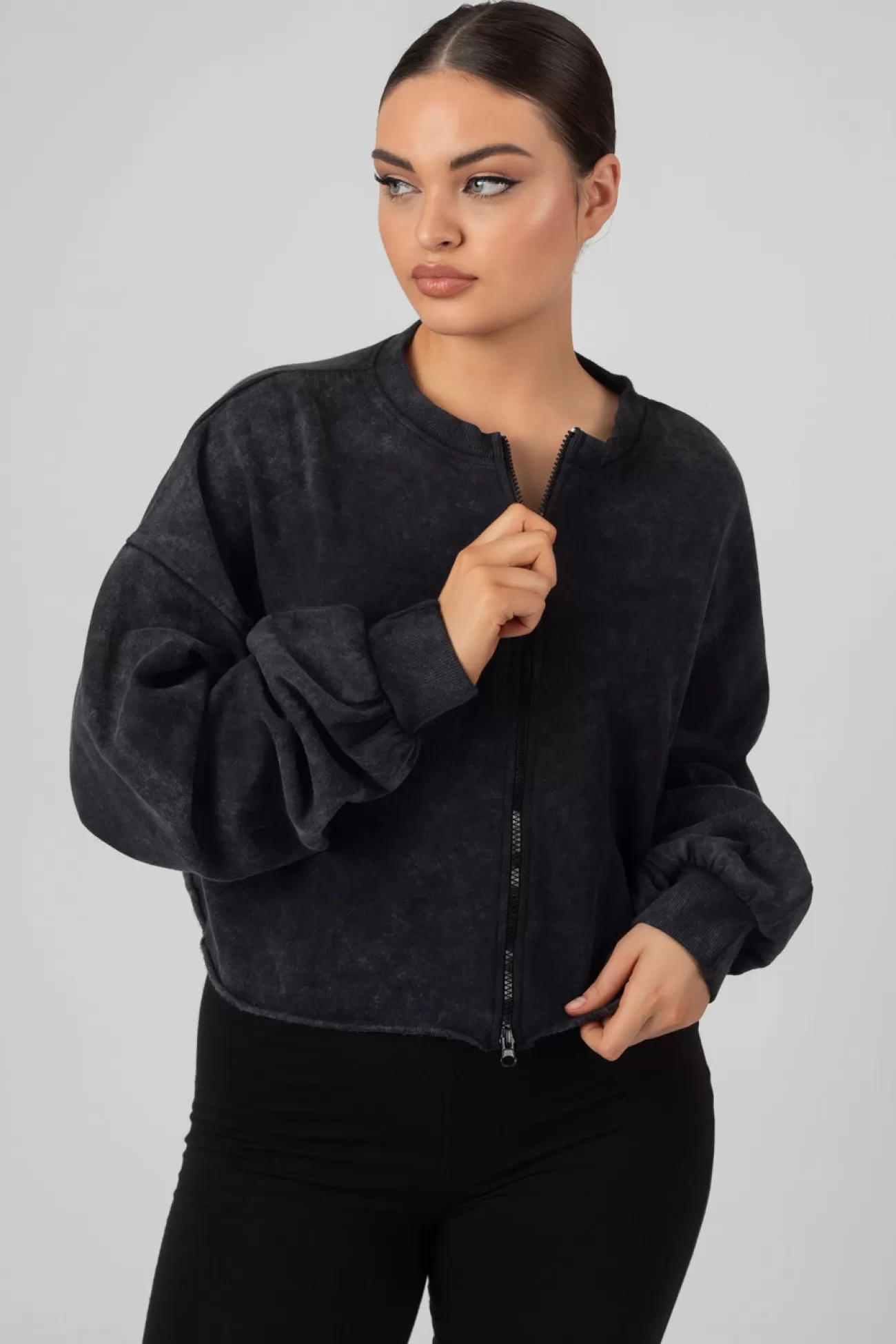 Public Desire Double Ended Zip Cropped Sweat Acid Wash Discount