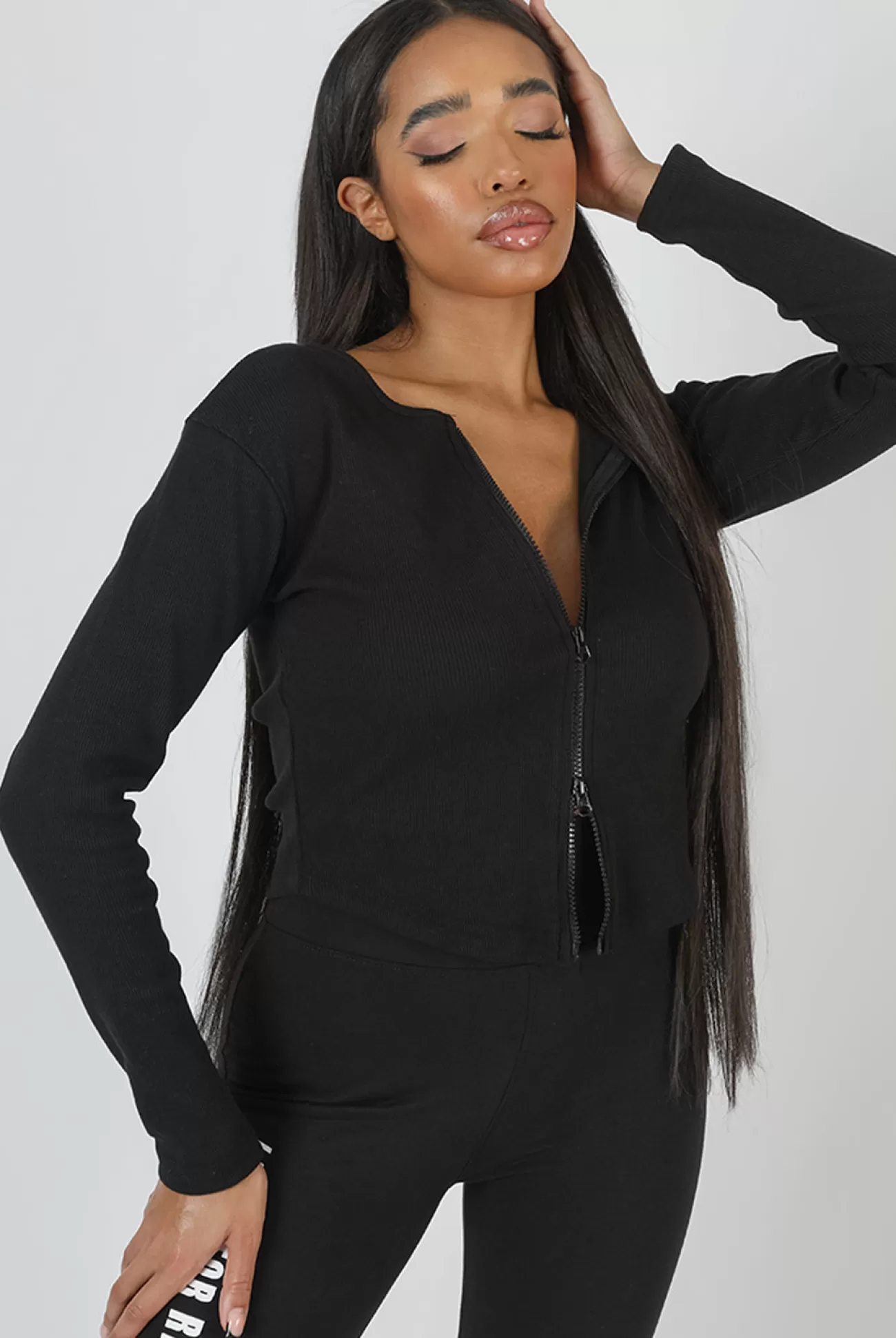 Public Desire Double Ended Zip Rib Top Black Clearance