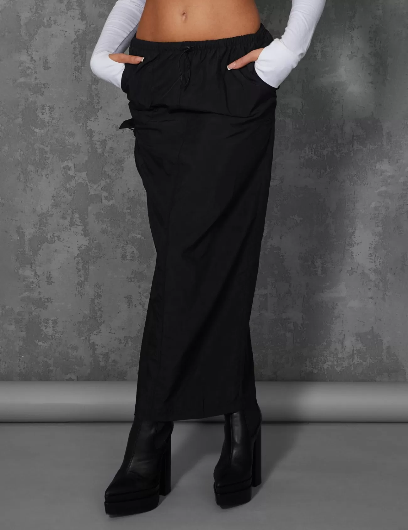 Public Desire Drawstring Waist Cargo Longline Midi Skirt Black Hot