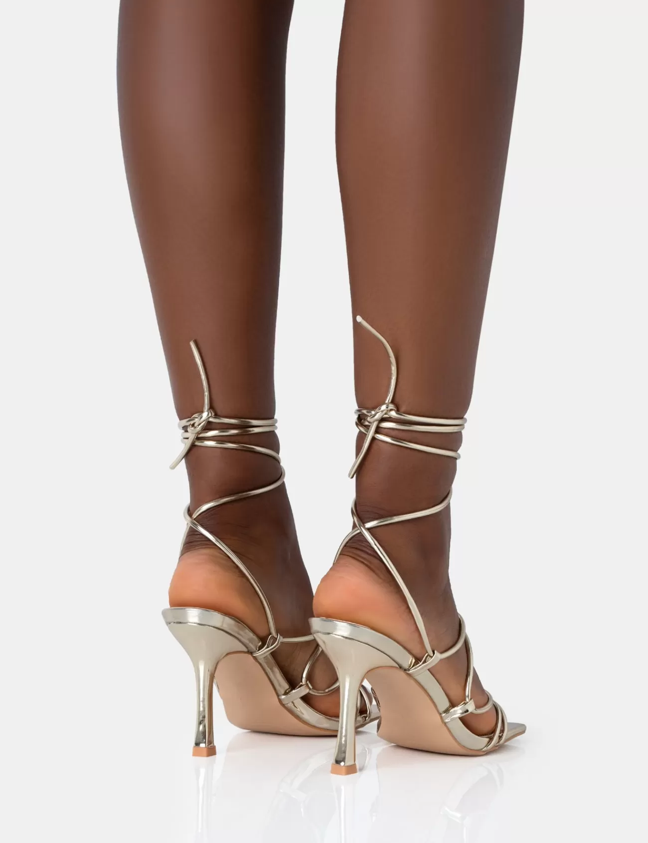 Public Desire Duet Wide Fit Knot Strappy Lace Up Square Toe Mid Heels Gold Cheap