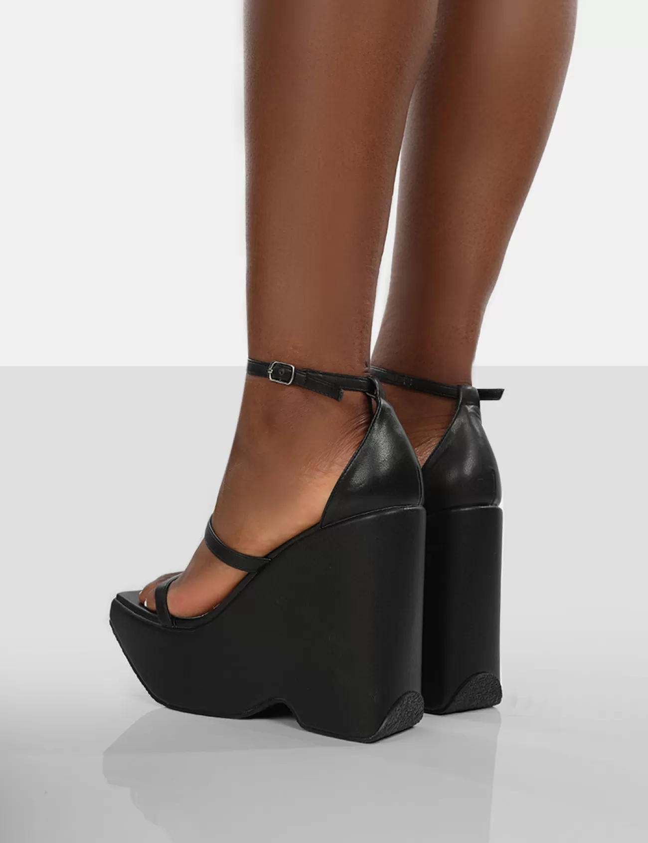 Public Desire Duke Strappy Square Toe Platform Wedge High Heels Black Clearance