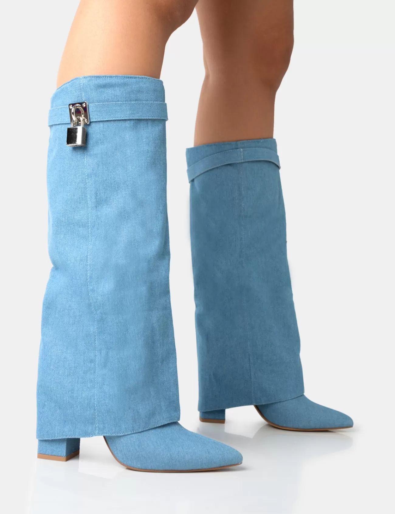 Public Desire Echo Denim Padlock Detail Fold Over Pointed Toe Knee High Boots Blue New