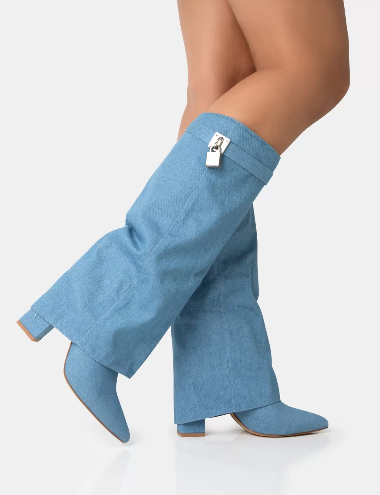 Public Desire Echo Denim Padlock Detail Fold Over Pointed Toe Knee High Boots Blue New