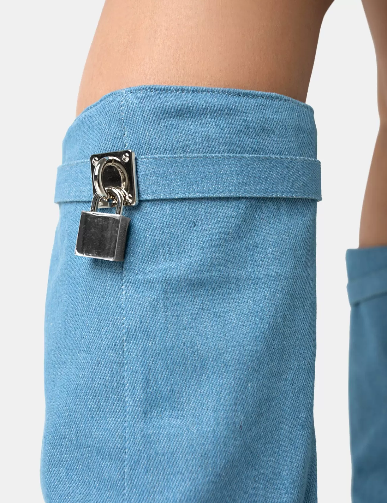 Public Desire Echo Denim Padlock Detail Fold Over Pointed Toe Knee High Boots Blue New